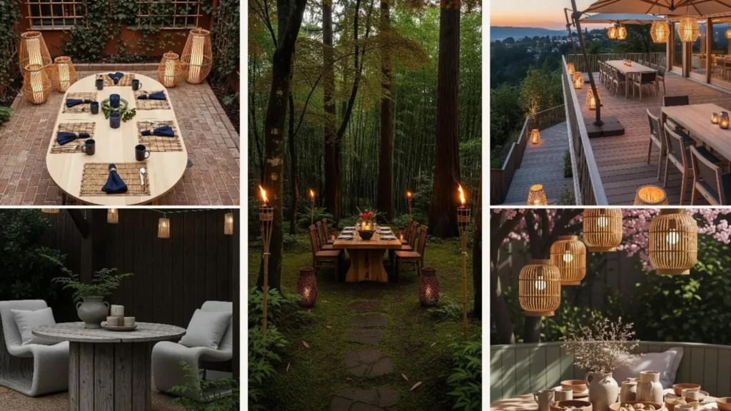 Collage mit fünf Japandi-Gartenideen für ruhige Abendessplätze, beleuchtet von stimmungsvollen Bambuslichtern.