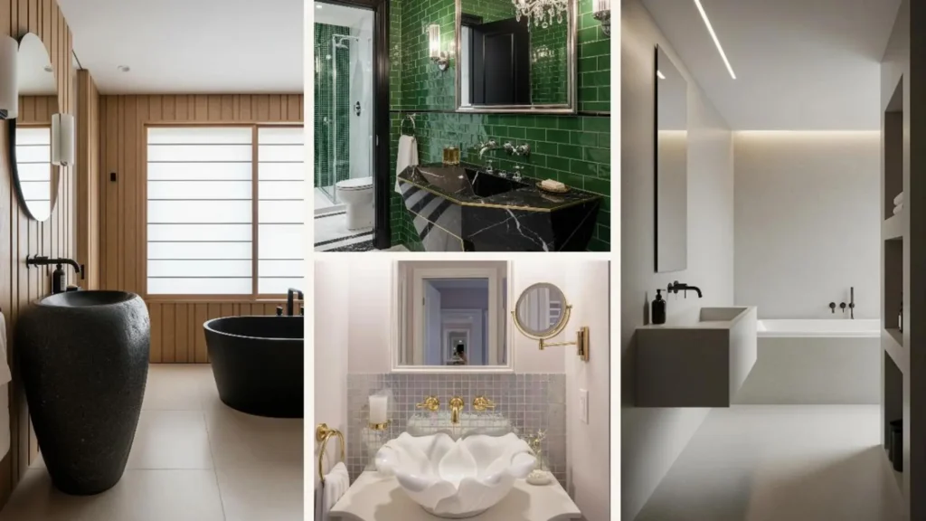 Collage von Badezimmern im Luxus-Stil, die verschiedene skulpturale Waschbecken in Schwarz, Weiß und Grün zeigen.