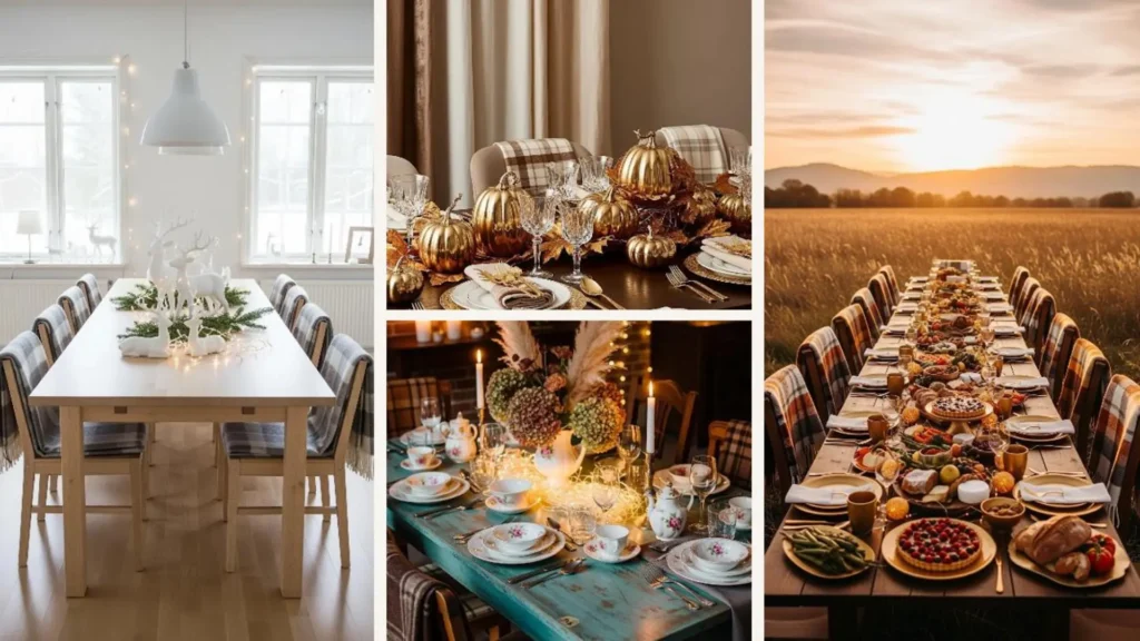 Hyggelige Herbsttafeldeko mit Lichterketten, Plaids & Keramik für warme Vibes und festliche Stimmung.