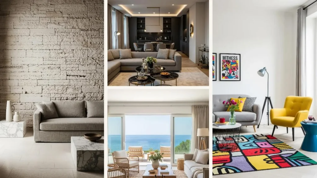Collage von vier eleganten Wohnzimmern im italienischen Designer-Stil, die luxuriöse Leichtigkeit ausstrahlen.