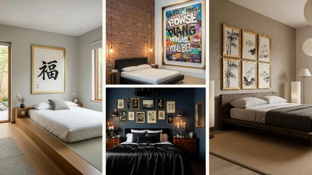 Exklusive Schlafzimmer mit kuratierter Kunst und eleganten goldenen Bilderrahmen als Wanddeko.