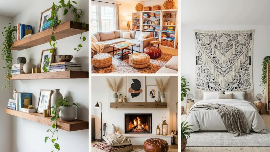 Collage mit vier gemütlichen Boho-Wohnideen für ein schönes Zuhause in den Winterferien.