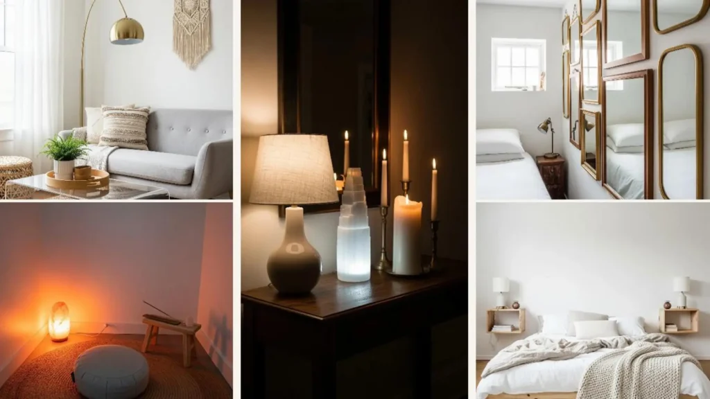 Collage heller Boho-Wohnideen für kleine Apartments: Ein gemütliches Zuhause mit Lampen, Spiegeln und Kerzen schaffen.