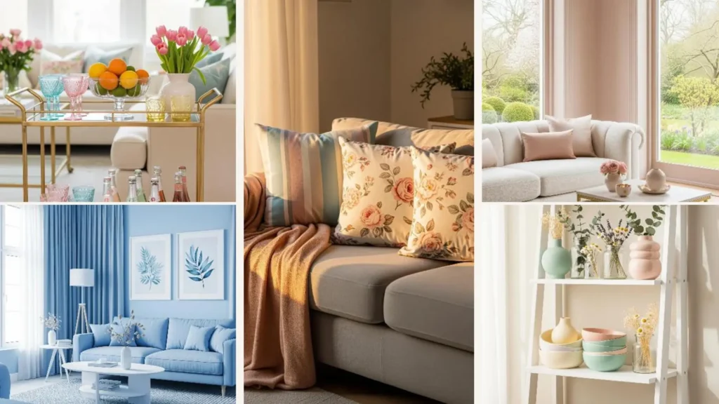 Helle, luftige Wohnzimmer-Deko in Pastellfarben mit Blumen und Kissen für einen frischen Frühlings-Glow.