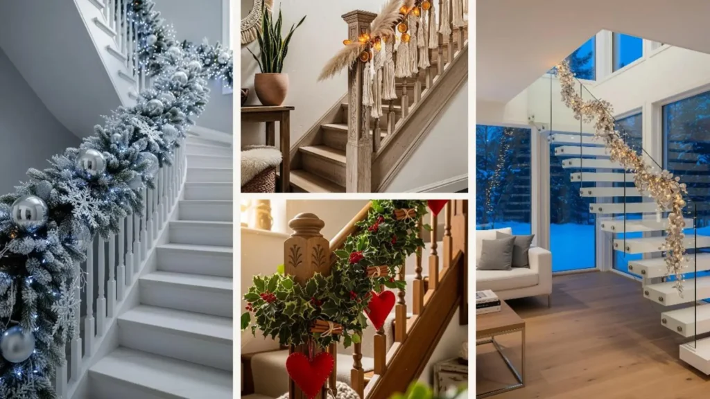 Kreative Weihnachtsdeko im Treppenhaus mit verschiedenen Girlanden und Lichtern für festliche Stimmung.