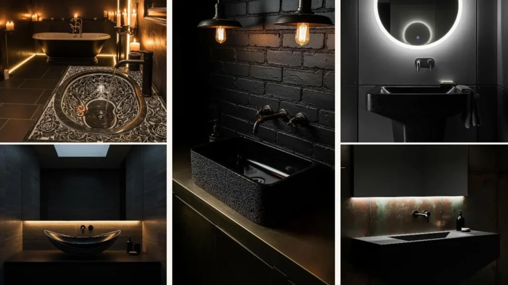 Eine Collage aus luxuriösen Badezimmern, die tiefschwarze skulpturale Waschbecken in stimmungsvollem Licht zeigen.