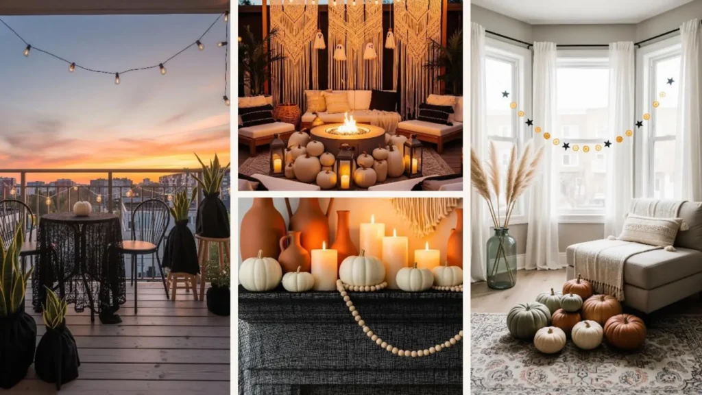Minimalistische Halloween-Deko für Scandi- und Boho-Homes mit stilvollen weißen Kürbissen und gemütlicher Kerzenbeleuchtung.
