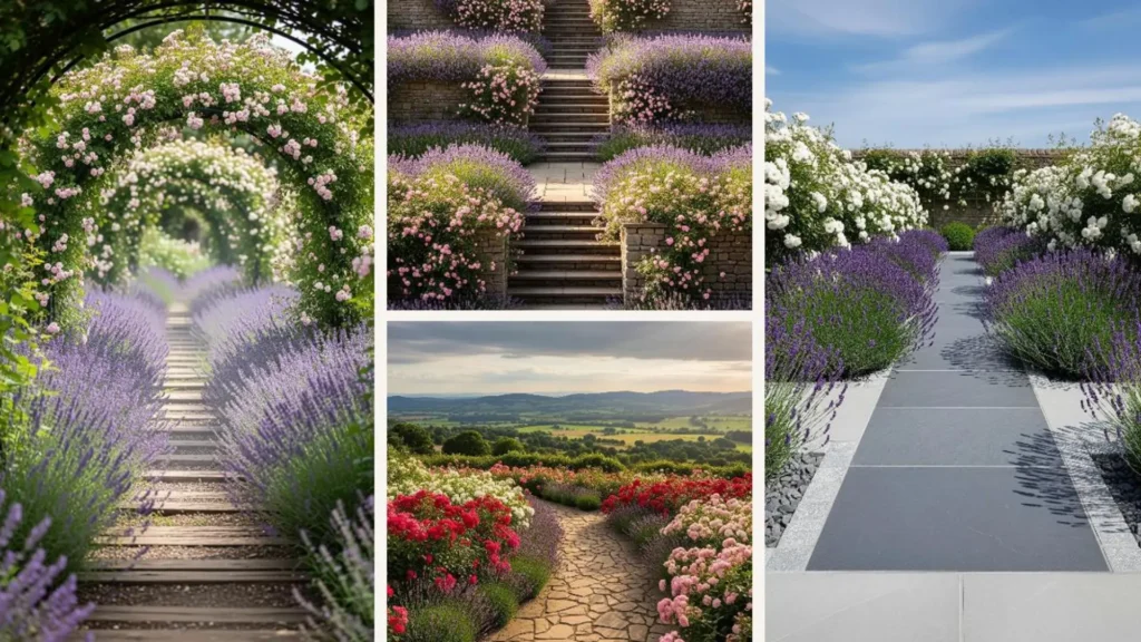 Romantischer englischer Gartenpfad mit üppigen Rosenbögen und blühendem Lavendel, perfekt für idyllische Spaziergänge.