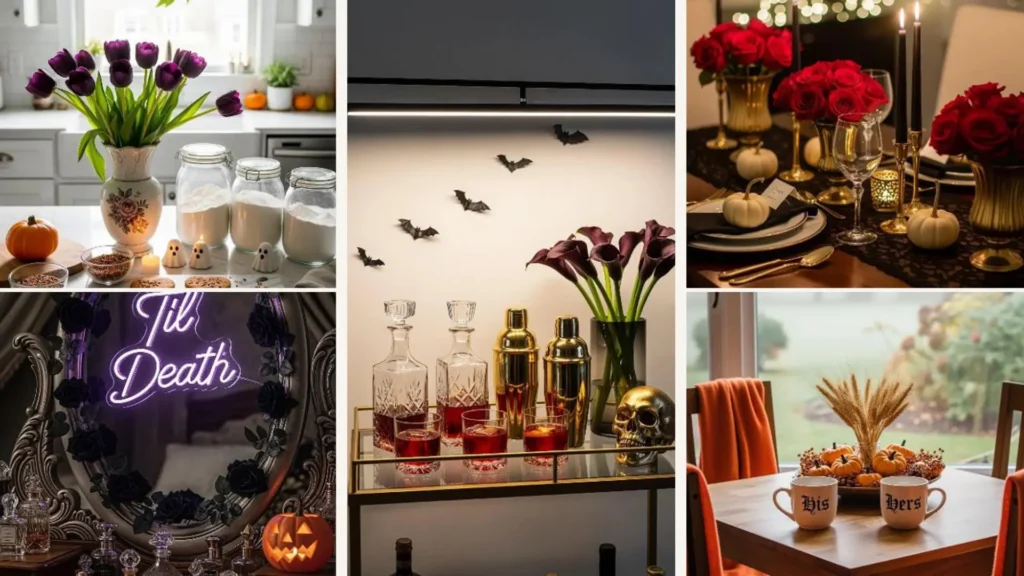 Romantische Halloween-Deko für Paare: Gemütlicher Herbst-Vibe mit Kürbissen, Kerzen, roten Rosen und Fledermäusen.