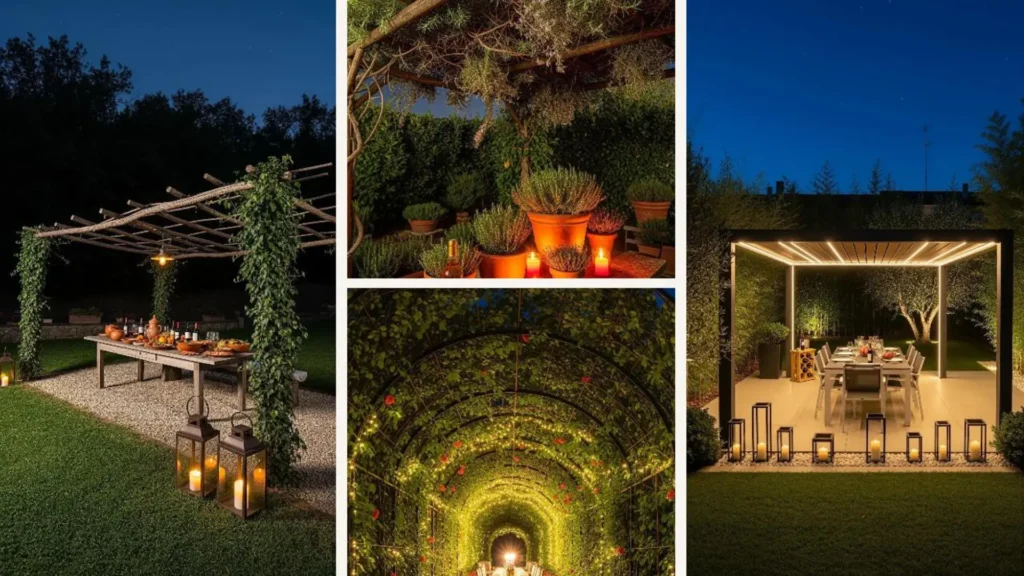 Romantisches italienisches Gartenabendessen unter einer beleuchteten Pergola mit Kerzenlicht und Wein unter den Sternen.