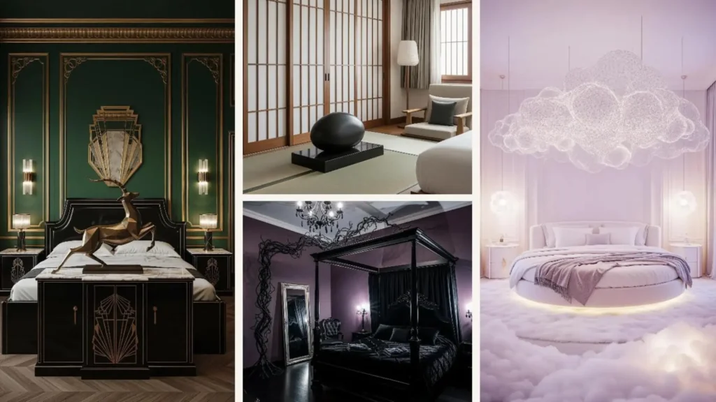 Eine Collage von Luxus-Schlafzimmern mit einzigartigen Kunstskulpturen als Blickfang.