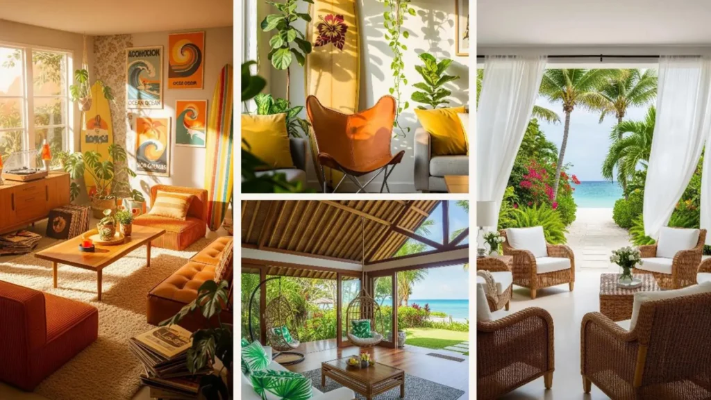 Helles Sommer-Wohnzimmer im Beach House Stil mit Surfbrettern, Pflanzen und Meerblick.