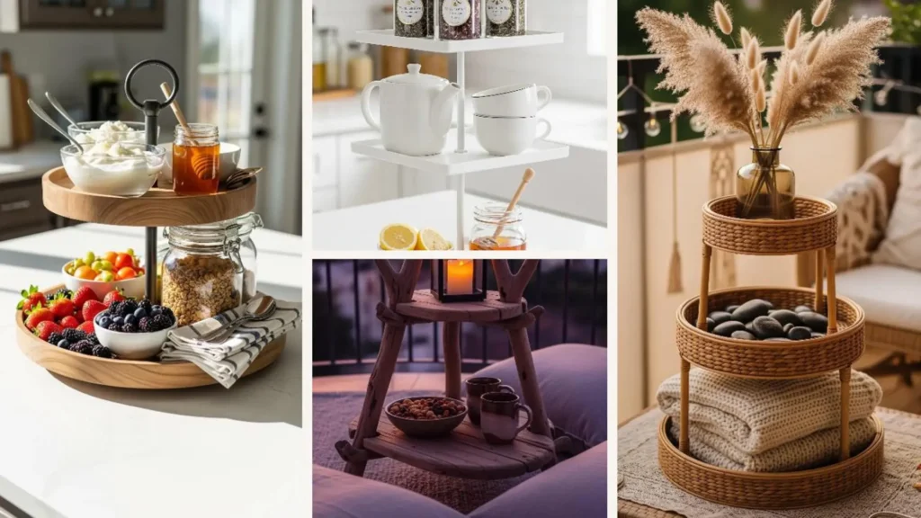 Collage mit sommerlichen Etagere-Ideen für Küche und Balkon, von Früchten bis zum Boho-Stil.