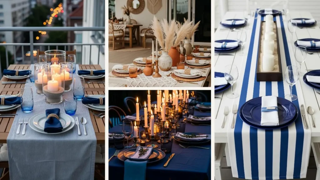 Sommerliche Tischdeko im Strandhaus-Style für Balkon & Terrasse mit Kerzen und maritimen Details.