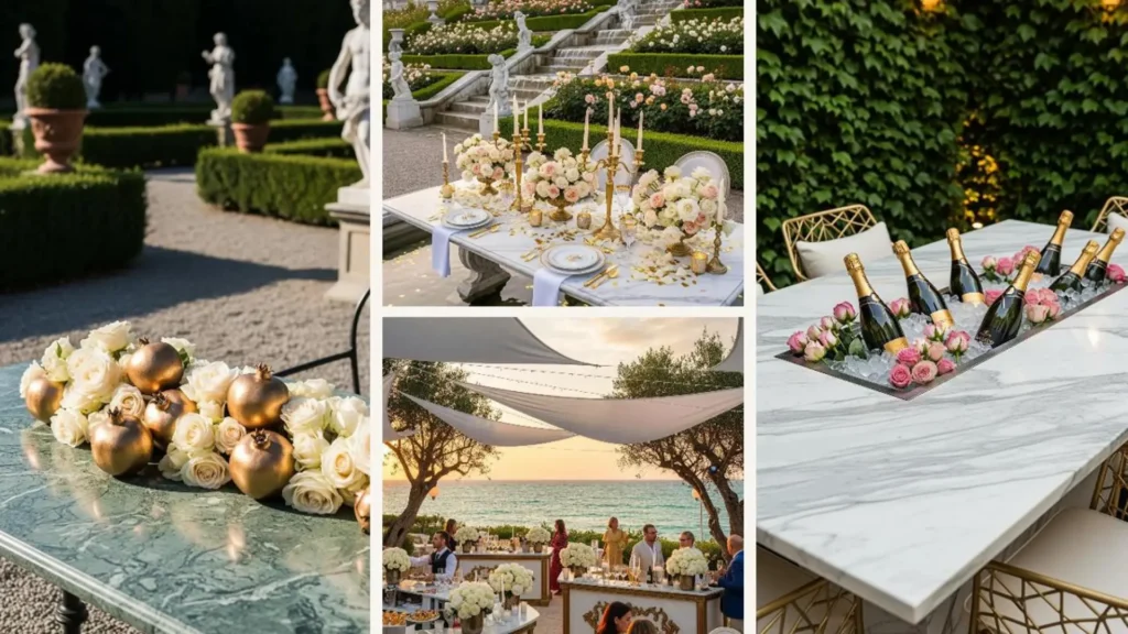 Stilvolle italienische Tischdeko auf Marmor mit weißen Rosen und Goldakzenten, perfekt für Jubiläumsfeiern.