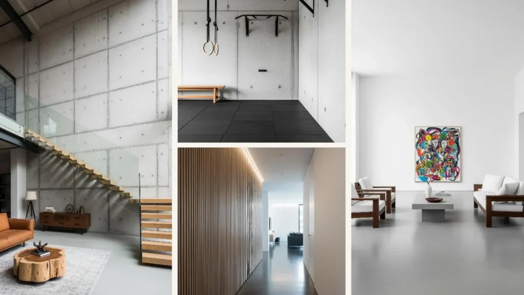 Minimalistische Wohnung mit Mix aus Beton und Holz: Eine Collage mit Einrichtungsideen für moderne Wohnräume.