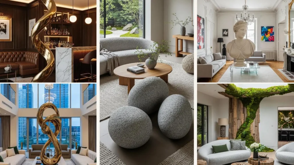 Eine Collage aus Wohnzimmern im Luxus-Stil, in denen moderne Kunstskulpturen als Blickfang dienen.
