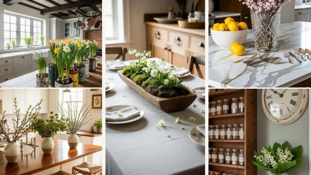 Schöne Landhausküche, frühlingshaft dekoriert mit Blumen, Vintage-Vasen & warmen Holzdetails.