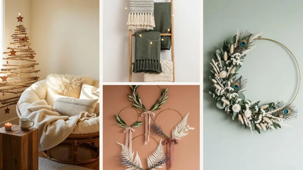 Collage mit gemütlichen Boho-Deko-Ideen für die Feiertage, darunter ein Weihnachtsbaum aus Holz und moderne Kränze.