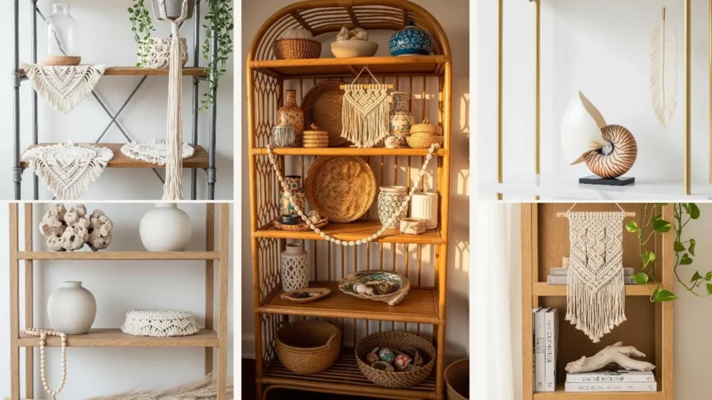 Collage von Boho-Etageren als Deko-Ideen mit Muscheln, Makramee und Naturfarben für ein sommerliches Wohnzimmer.
