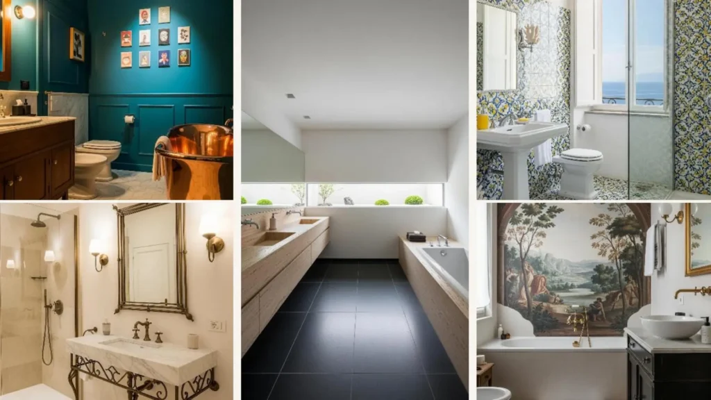 Eine inspirierende Collage mit eleganten Badezimmern im italienischen Boutique-Hotel-Stil.