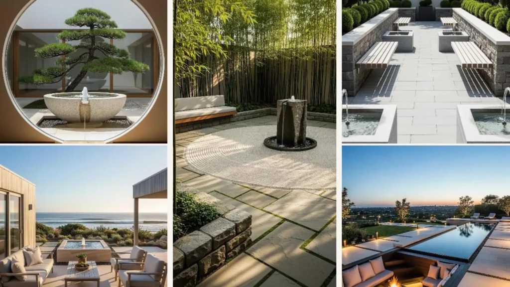 Eine Collage moderner Japandi-Gartenideen für den Innenhof mit eleganten Zen-Brunnen.