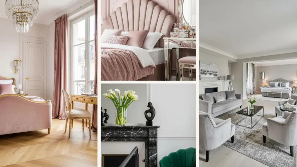 Elegantes Schlafzimmer im Paris-Suite-Look mit rosa Samtbett und Kronleuchter für zeitlose Raffinesse.