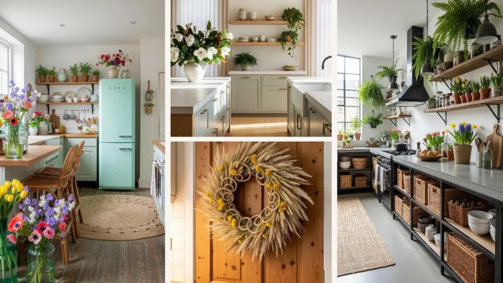 Gemütliche Boho-Frühlingsküche mit bunten Blumen, Rattan-Elementen und warmen Naturfarben.