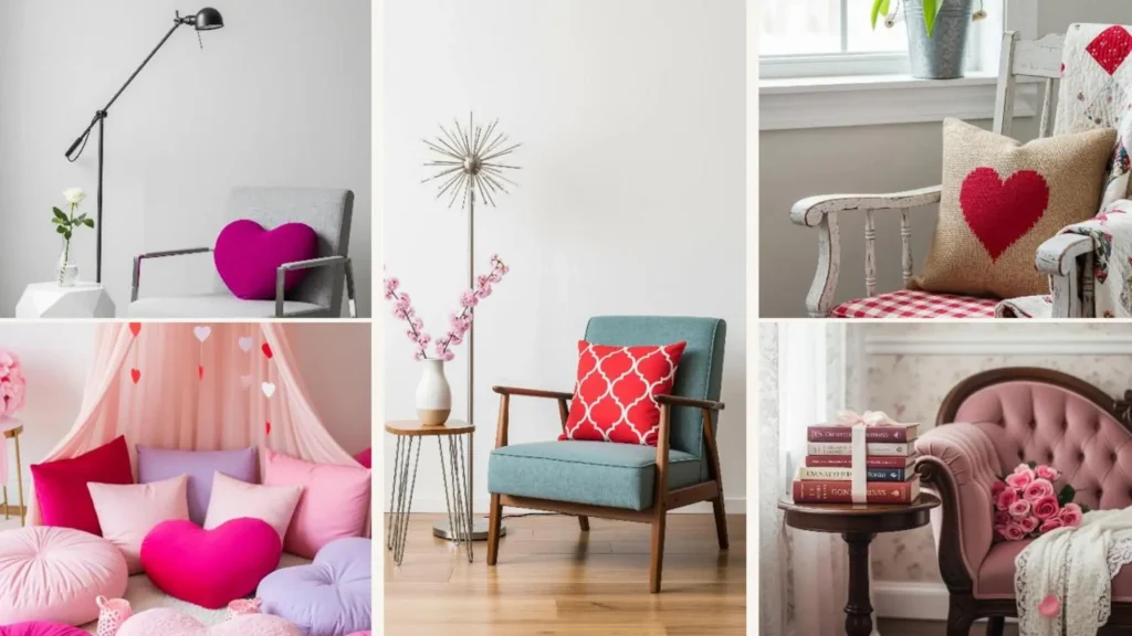 Gemütliche Kuschelecken und Lesenischen zum Valentinstag mit Herz-Kissen und Blumen, perfekt zum Entspannen.