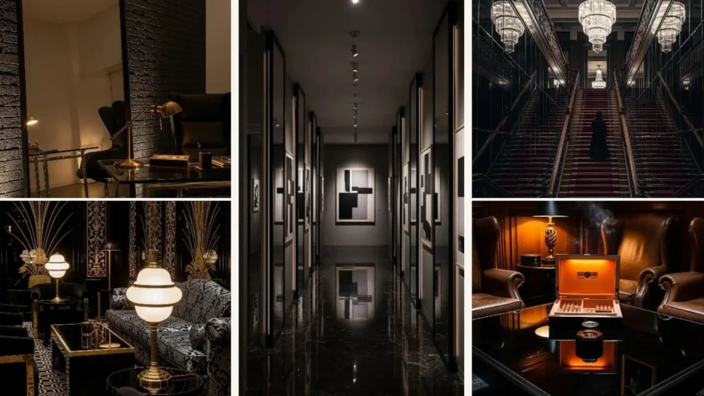 Eine Collage glamouröser Räume in dunkler Eleganz, akzentuiert durch schwarze Spiegel und sanften Lichtschein.