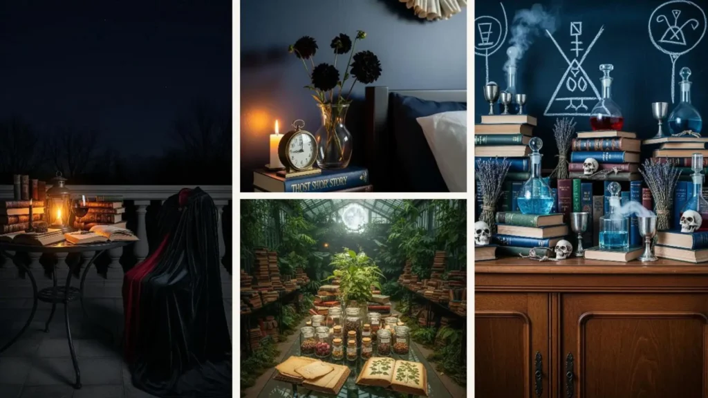 Dark Academia Halloween-Deko mit alten Büchern, Kerzen, Tränken und gruseligen Akzenten.