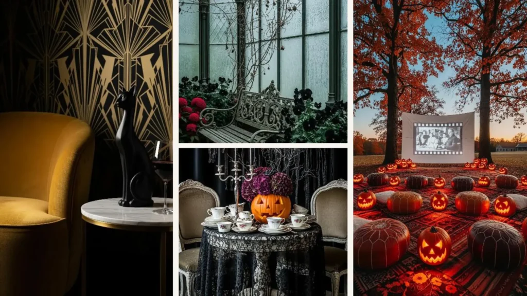 Einladende Herbst-Fotoecke mit leuchtenden Halloween-Kürbissen und gemütlicher Deko für Instagram-Bilder.