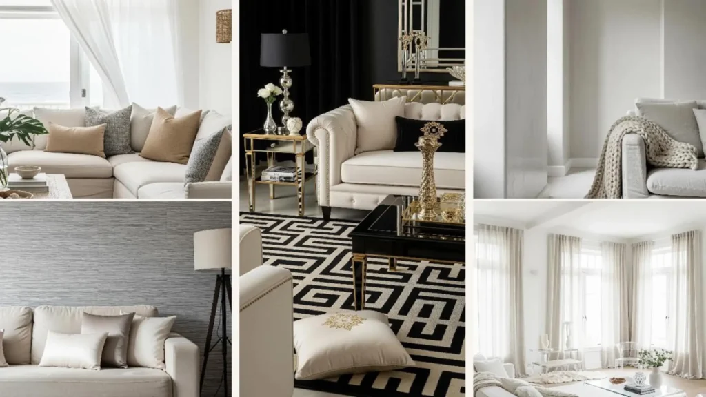 Collage mit luxuriösen Wohnzimmern in neutralen Farben, eingerichtet mit eleganten Möbeln & hochwertigen Stoffen.