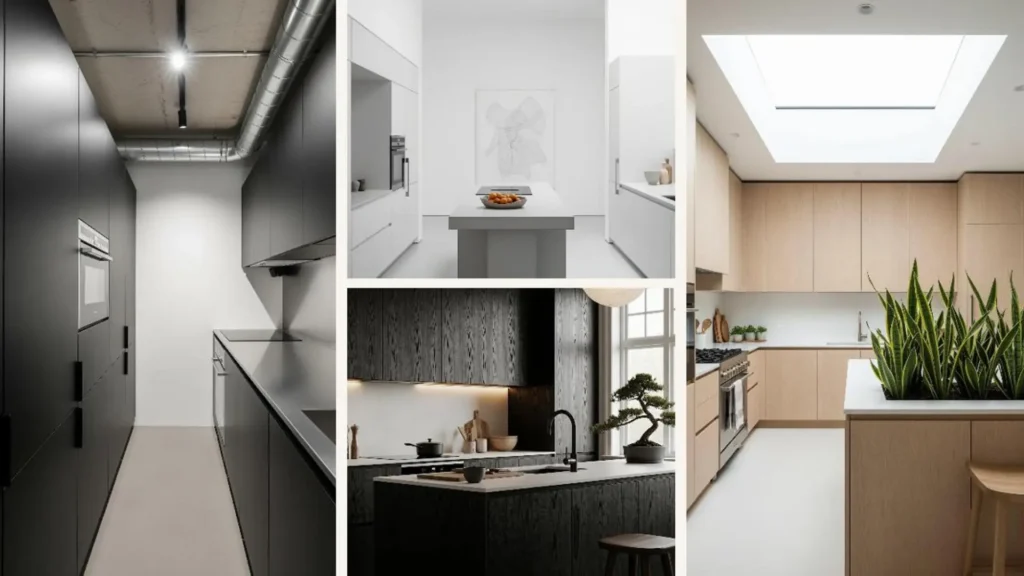 Vier minimalistische Küchen ohne offene Regale als Inspiration in schwarz, weiß und Holz-Optik.