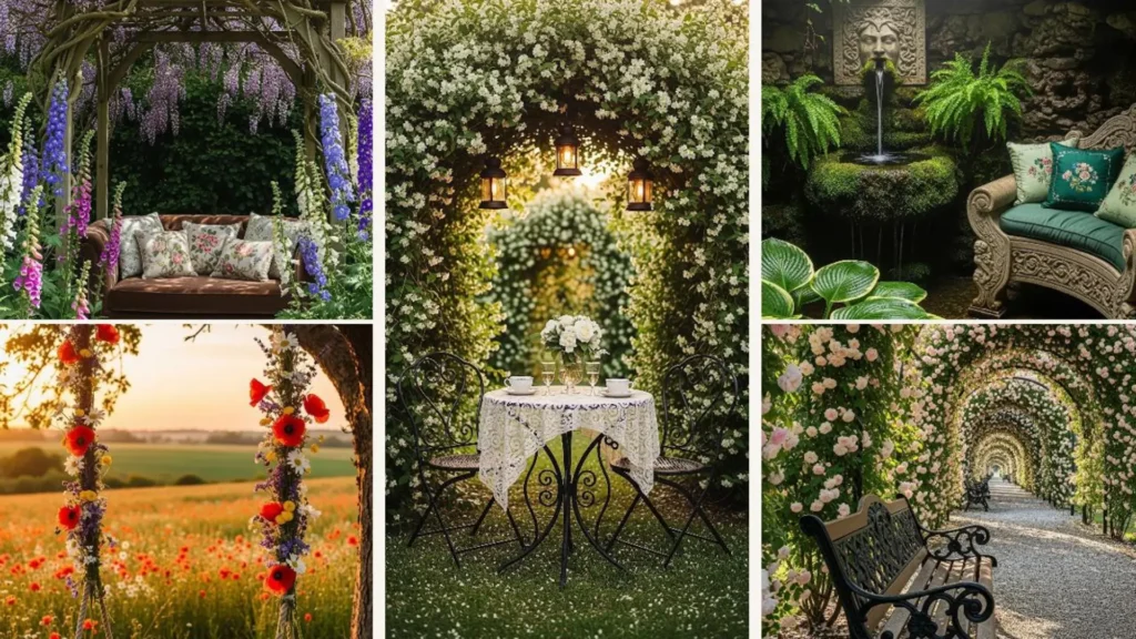 Ein versteckter romantischer Liebeswinkel im englischen Garten mit einem liebevoll gedeckten Tisch für zwei unter einem Blütenbogen.