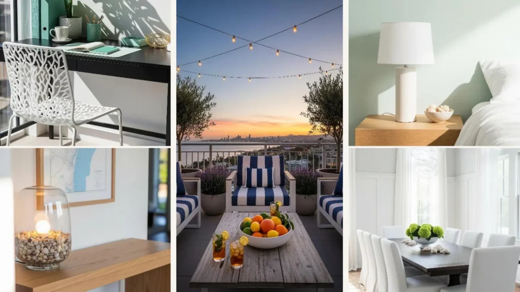 Sommerliche Coastal-Deko auf einem modernen Balkon mit Meerblick, gestreiften Möbeln und Urlaubs-Look bei Sonnenuntergang.