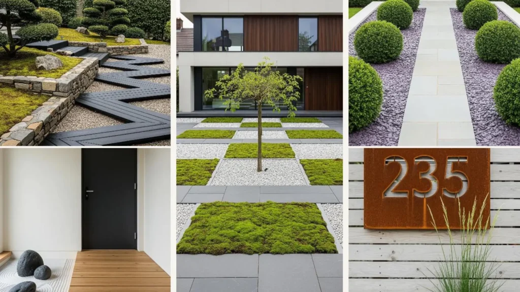 Stilvoller Japandi-Vorgarten mit Stein, Moos und Kies als ästhetische Umgestaltungsidee ohne üppige Bepflanzung.