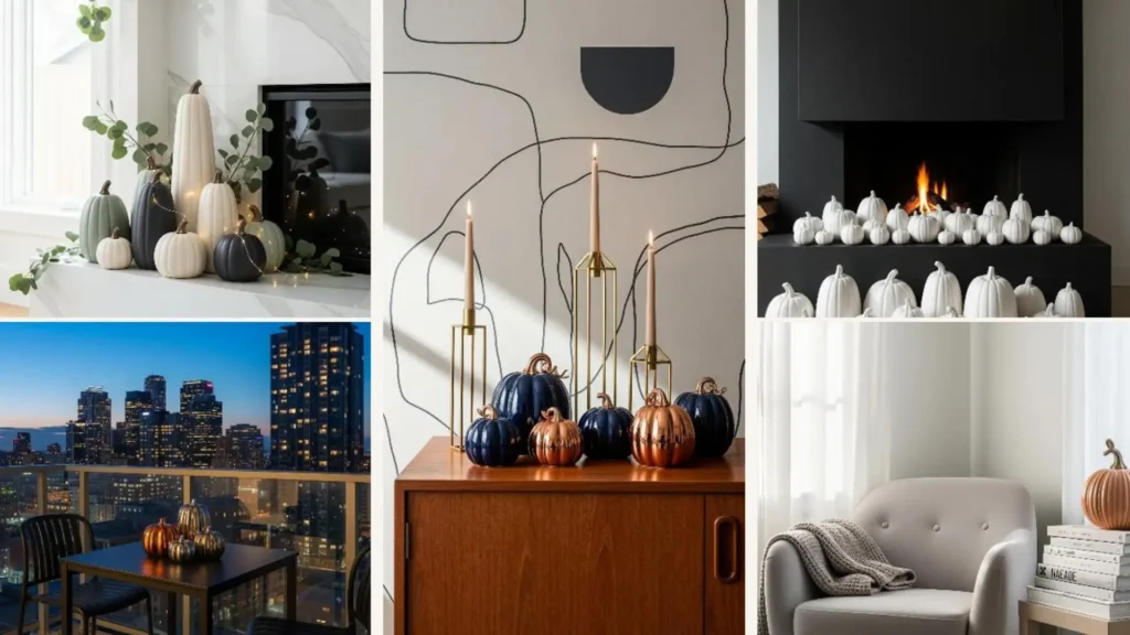 Szene mit vielfältigen Keramik-Kürbissen in modernen Farben als stilvolle Halloween-Dekoration.