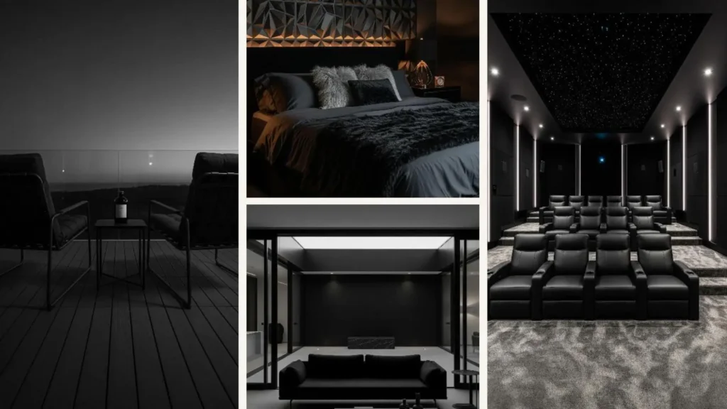 Fotomontage von vier luxuriösen, monochromen Innenräumen in Schwarz, die moderne Einrichtungsideen zeigen.