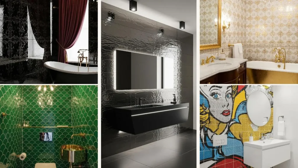 Collage von luxuriösen Badezimmern mit auffälligen Designer-Fliesenmustern in verschiedenen Stilen.