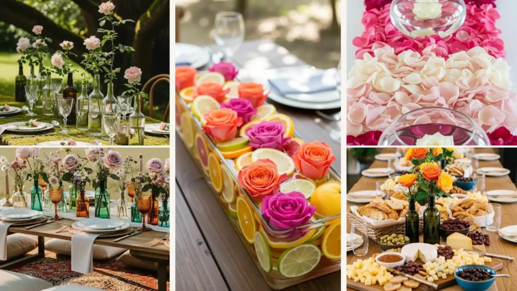 Romantische italienische Tischdeko mit Rosen und Glasvasen für eine traumhafte Gartenhochzeit