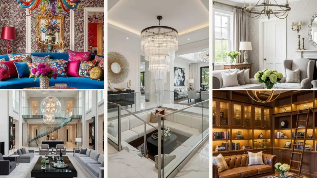 Collage moderner Luxus-Wohnzimmer mit Designer-Kronleuchtern und stilvollen Glas-Details als Inspiration.