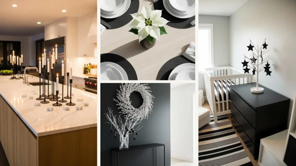 Moderne schwarz-weiße Weihnachtsdeko-Ideen für stilvolle Wohnungen, mit Kerzen, Kranz und Sternen.
