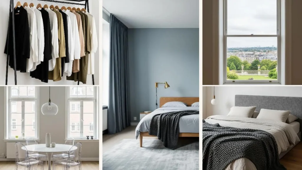 Minimalismus Ideen für den Wochenend-Reset: Collage mit aufgeräumtem Schlafzimmer und Kleiderstange.