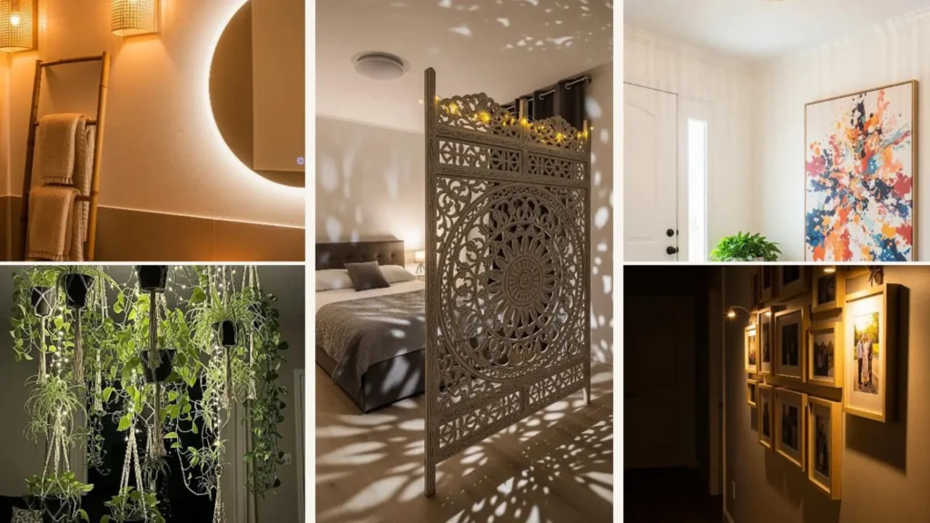 Warme Boho-Dekor-Ideen für dunkle Wohnungen: Collage mit gemütlicher Beleuchtung, Pflanzen und Holz-Deko.