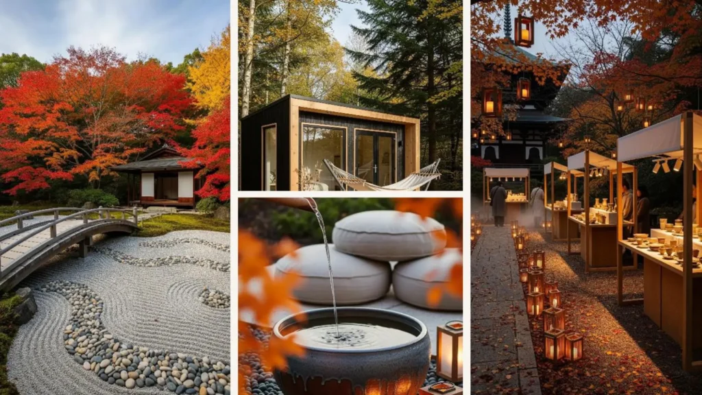 Warme Japandi-Außenideen für den Herbstgarten mit Elementen aus Holz, Leinen-Kissen und handgemachter Keramik.