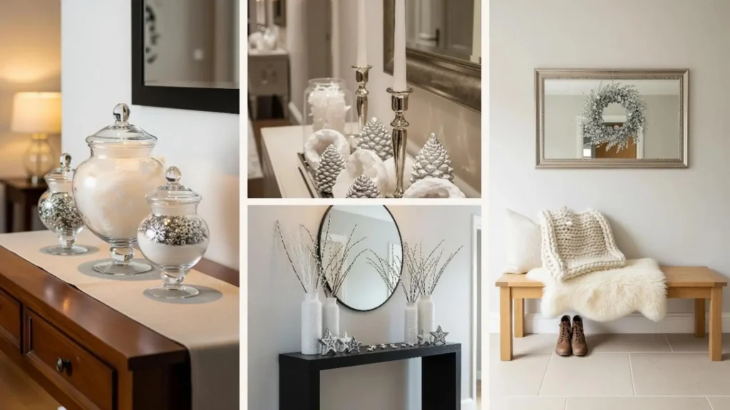 Edle Winter Flur Dekoideen in neutralen Farben: Konsole mit Glasgefäßen, Kerzen, Kiefernzapfen und Bank mit Fell.