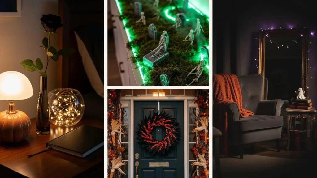 Gemütliche Halloween-Deko-Ideen mit Lichterketten: beleuchtete Kürbisse, Gräber und festliche Kränze für dunkle Herbstnächte.