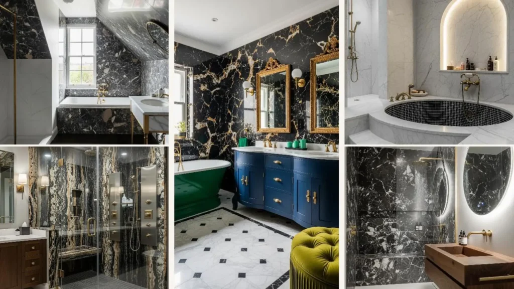 Collage von luxuriösen Badezimmern mit dunklem Marmor und eleganten Messingdetails als Inspiration für Baddesign.