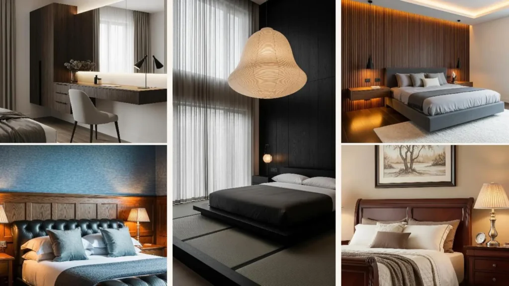 Schlafzimmer-Inspiration: Luxuriöse Designs mit dunklem Holz und warmem Licht für eine ruhige Atmosphäre.